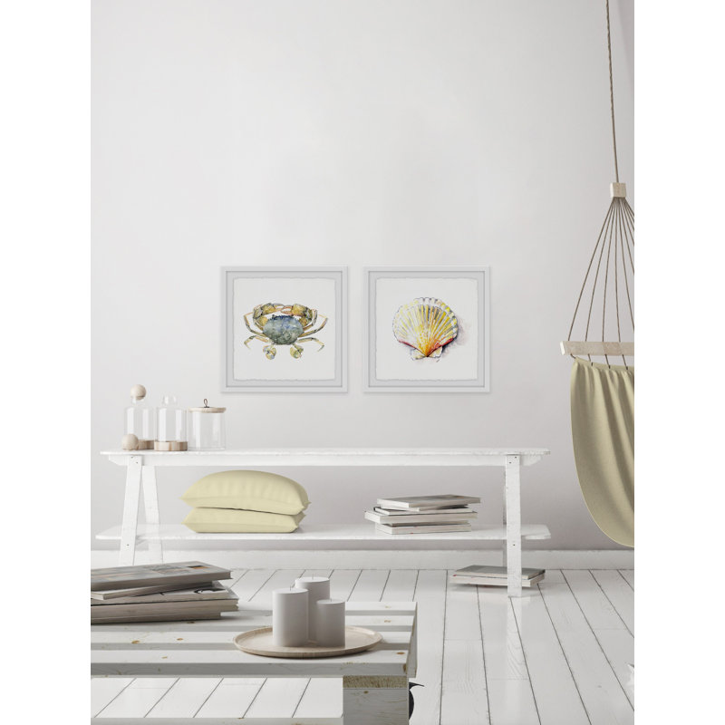 «Crab and Sea Shell Diptych», ensemble de 2 reproductions de peintures à l'aquarelle encadrées, H 32 po x l 32 po x P 1,5 po