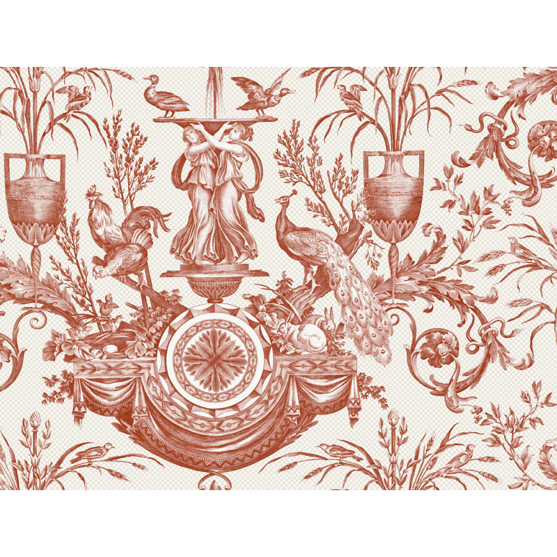 Avian Fountain Toile Wallpaper Roll, Brick