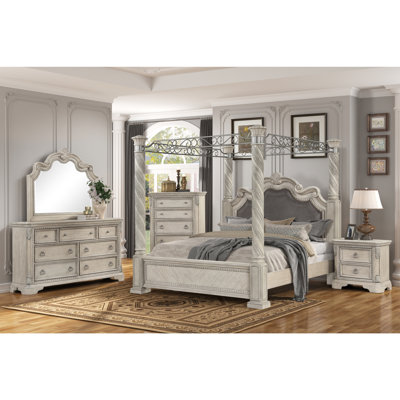 Gray Upholstered Panel Canopy King Bed