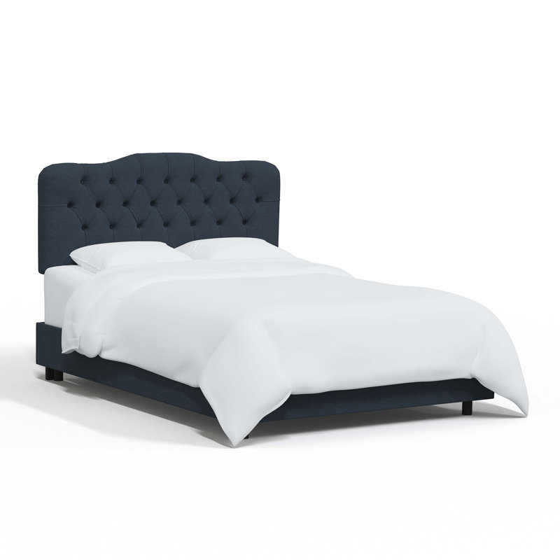 Lit tapissier capitonné Alencon, Simple, Lin bleu marine classique