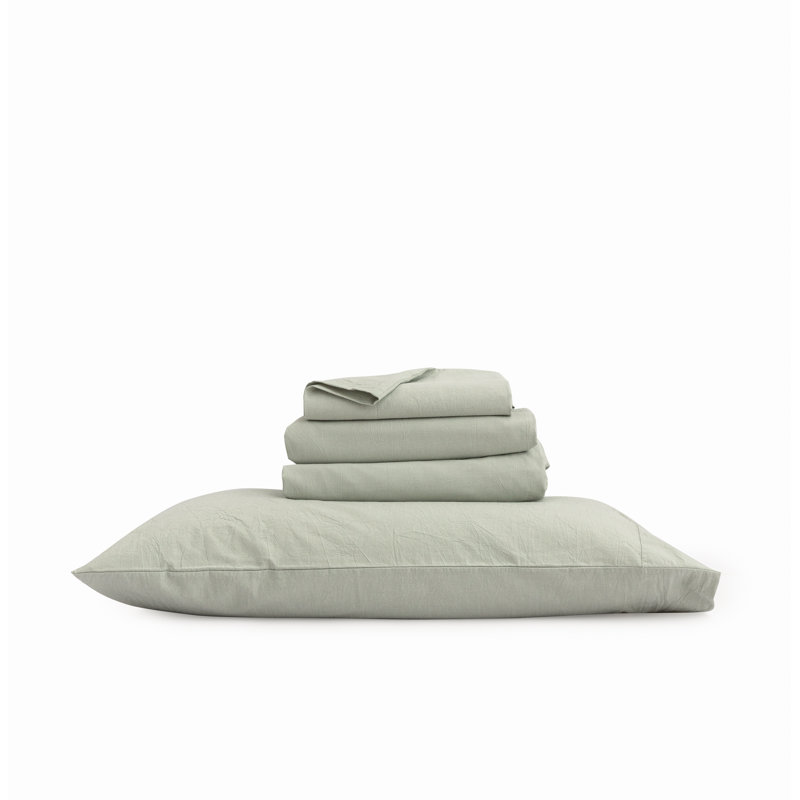 BESTOUCH Sheet Set 100% Washed Cotton Linen Feel Lightweight, Sage Green, Full / Double Sheet Set with 2 Pillowcases
