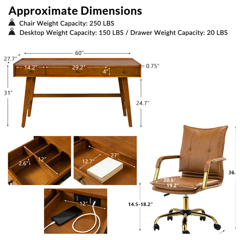 Lundgren Mid Century Modern 2-Piece Faux Leather Office Chair with Padded Arms and Solid Wood Built-in Outlets Desk Set