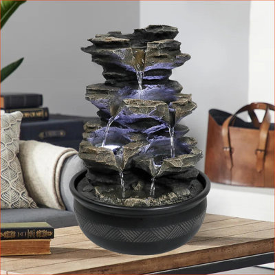 Fontaine en fontaine de table H 15,7 "Fountains, lumières DEL, style naturel pour la maison et le bureau | Résine | Brun clair