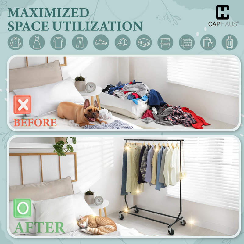 Heavy Duty 220LBS Capacity Rolling Clothes Rack, Single Rod Garment Rack, Adjustable Height