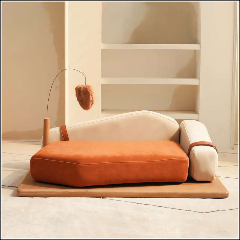 Grand lit pour animal de compagnie en bois avec placage de chêne, tissu résistant aux égratignures et mousse à haute résilience