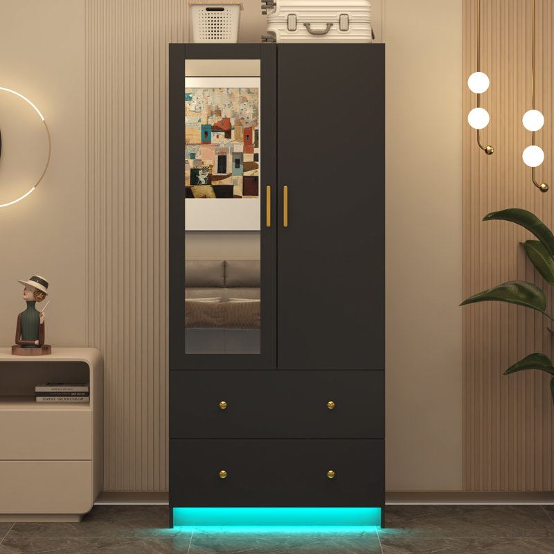 Armoire moderne à 2 portes avec miroir, 2 tiroirs et lumières à DEL rgb, penderie pour rangement dans la chambre à coucher