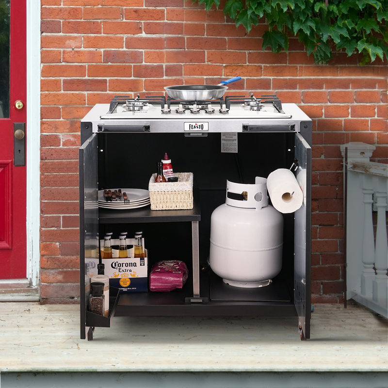 Station de cuisson d'extérieur au propane 35 po à 5 brûleurs avec plateau en acier inoxydable, armoire de rangement et roues verrouillables FEASTO