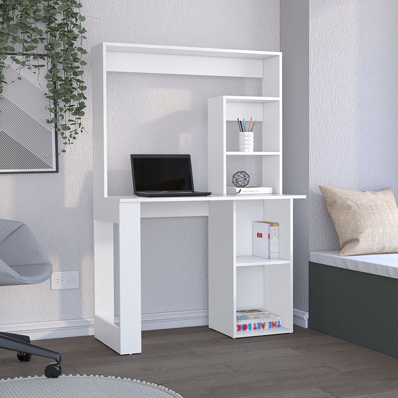 39" Wood Computer Desk With Hutch, White
