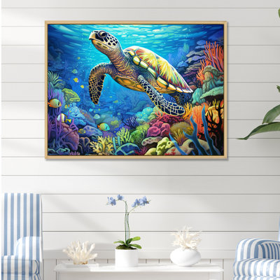 Blue Sea Turtle World - Coastal Coral Under Water Wall Art