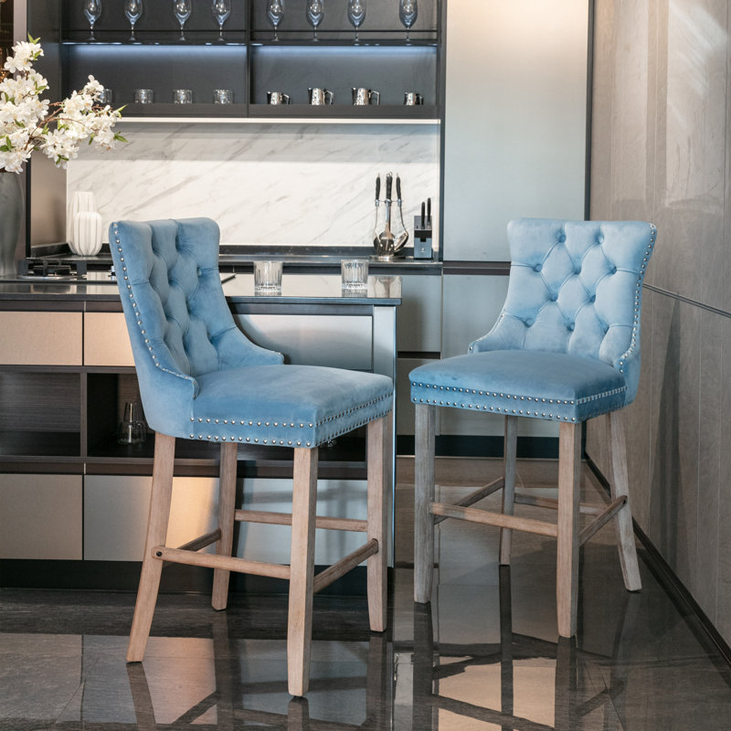 Simonton Upholstered Counter Stool with Solid Wood Frame, Beige, Sky-Blue