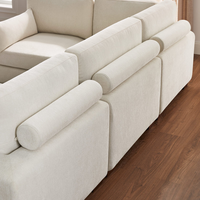 Canapé modulaire en L 5 pièces avec 2 ports USB et 1 repose-pieds portatif Chayten, Beige