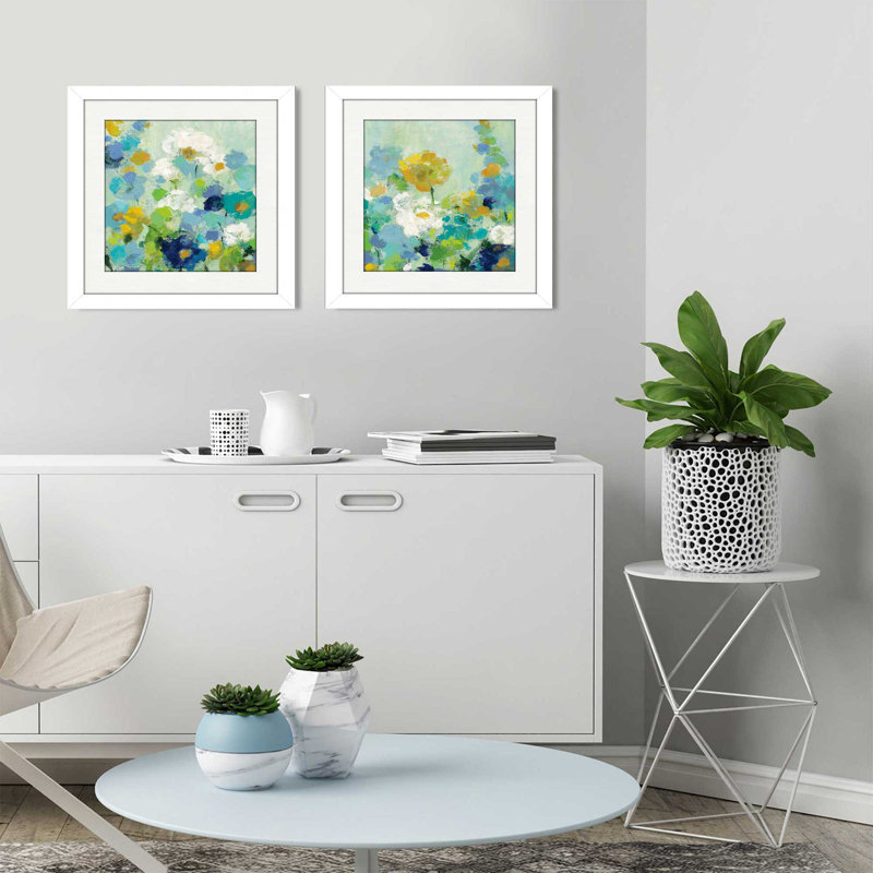 « midsummer jardin white florals », ensemble de 2 reproductions de peintures à l’acrylique encadrées, Blanc mat