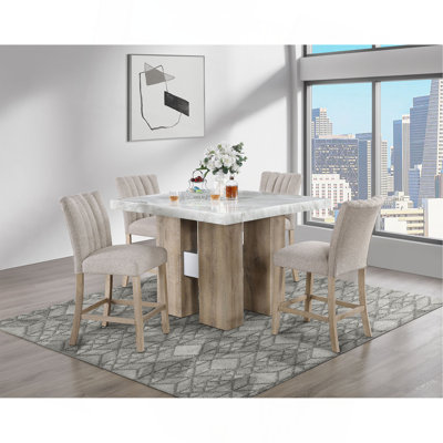 BAR TABLE AND BEIGE BAR STOOLS