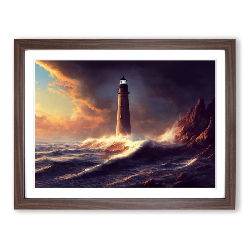 Dramatic Lighthouse Seascape 1 Piece Single Picture Frame Wall Art, 34cm H x 46cm W x 2cm D, Walnut Framed