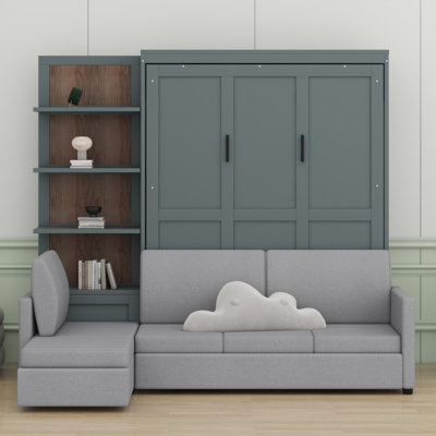 Grand lit escamotable avec canapé, lit escamotable avec tablettes, lit multifonctionnel peu encombrant
