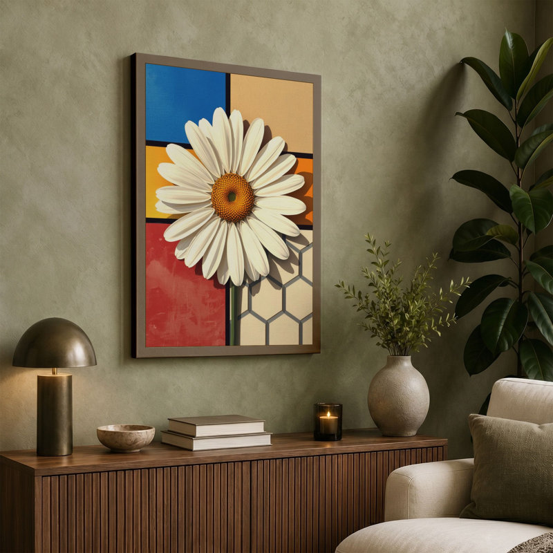 Daisy Geometric - Wrapped Canvas, 30x20 - 76.2 x 50.8 cm, Taupe Border