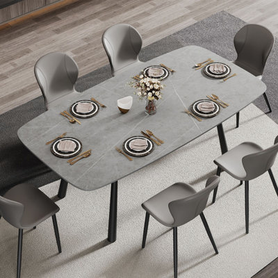 70.9" W Modern Faux Marble Dining Table with Four Carbon Steel Legs, Heat-Resistant Rock Slab Top for Dining Room, Industrial Style