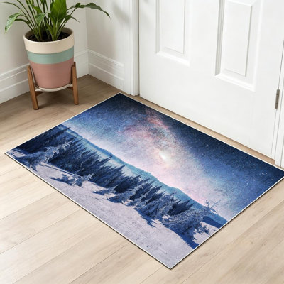 Tapis d'intérieur transparent lavable à la machine, motif de paysage d'hiver magique avec neige