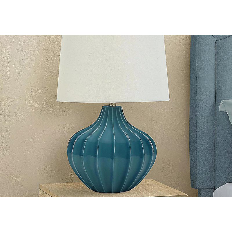 Lighting, H 24 po, lampe de table, céramique bleue, abat-jour ivoire / crème, transitionnel