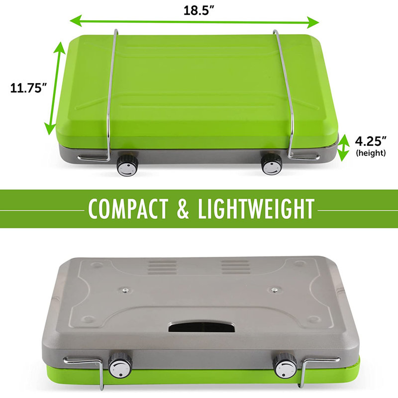 Barbecue de camping portatif à 2 brûleurs Flame King, compatible avec les réservoirs de propane de 1 lb