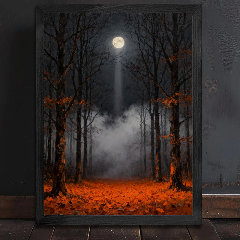 Art mural encadré noir, forêt de clair de lune, impression de cadre fantaisiste foncé rétro, H 11 po x l 9 po