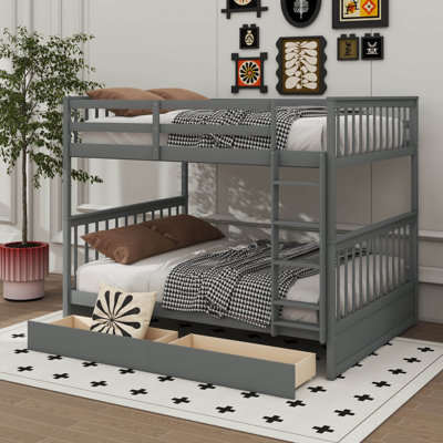 Bunk Beds With 2 Storage Drawers, Solid Wood Bunk Bed With Ladder And Safety Guardrail, Convertible Bunk Beds