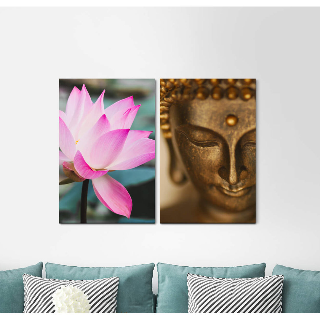 2-tlg. Leinwandbilder-Set - Fotografie „Lotus Buddha Head Bronze Statue Asia Mindfulness Meditation Soothing”