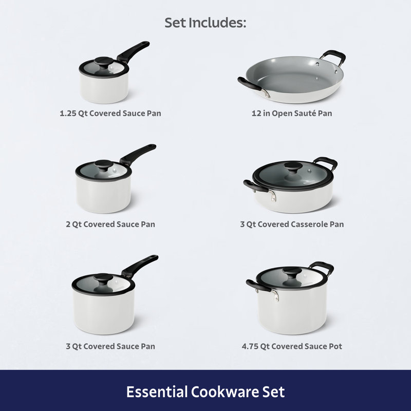 Tramontina 11 Piece Ceramic Nonstick Nesting Cookware Set — Stackable, Space Saving Set - Blance de blance, Blanc de Blance