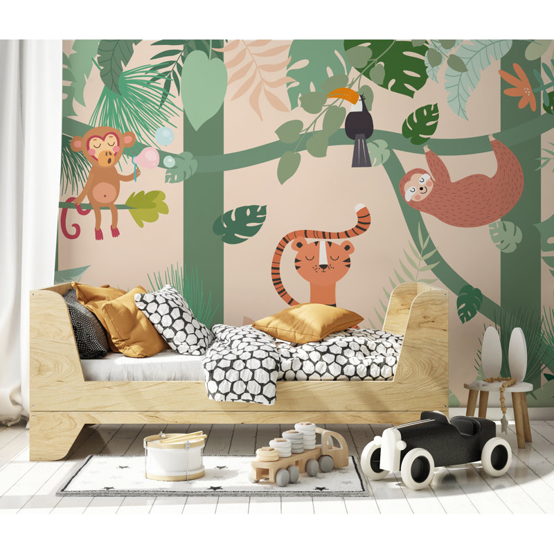 Green Watercolor Trees And Butterflies Removable Textile Wallpaper, 49”L x 75”W