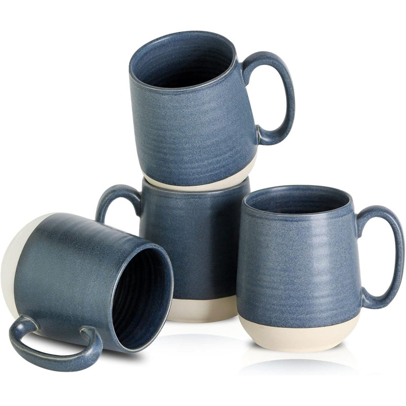Dark Blue Ceramic Large Coffee Mugs Set with White Bottom