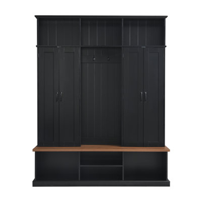 62.2''W Entryway Hall Tree with Bench, 3 Top Cubbies & Bottom Storage Space, Farmhouse Coat Rack with Hooks & Cabinets