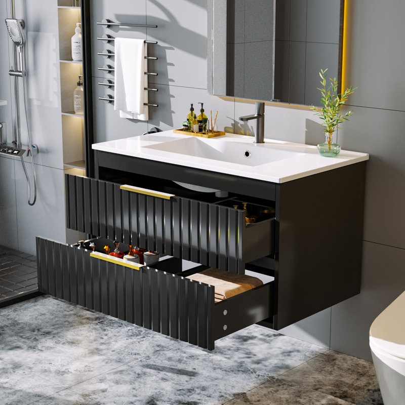 30" Floating Wall Mount Single Bathroom Vanity with Ceramic Sink Top, Black/Gold