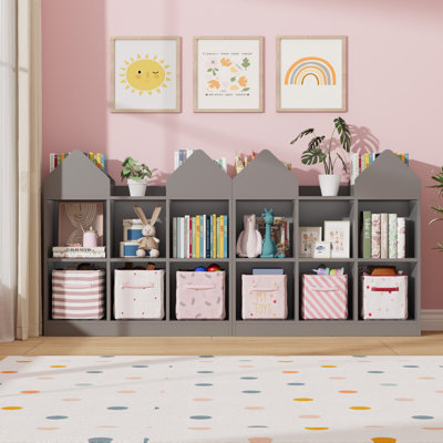 Ensemble de 2 étagères de rangement pour livres et jouets, unité de style château avec 4 étagères à livres et 6 casiers ouverts pour salle de jeux, garderie et garderie, gris