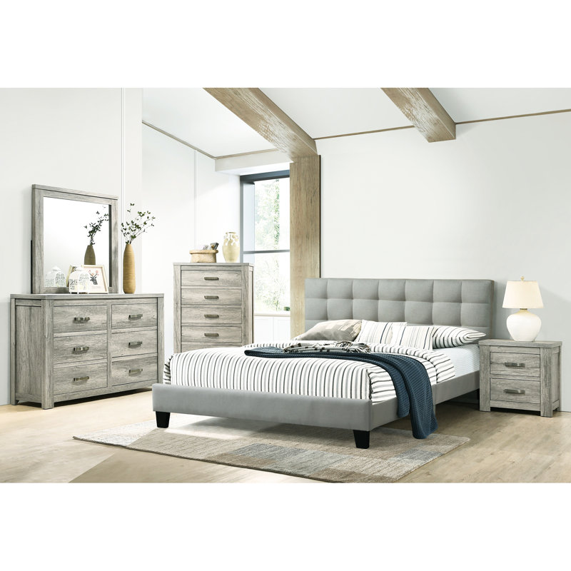 Lit double gris avec tête de lit et base en bois, Gris clair