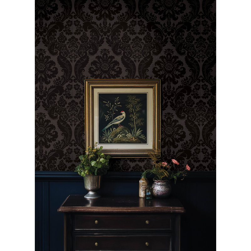Shadow Black Flocked Damask Wallpaper, Black