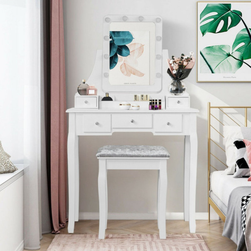 Ensemble de coiffeuse avec 10 ampoules à intensité variable et tabouret rembourré