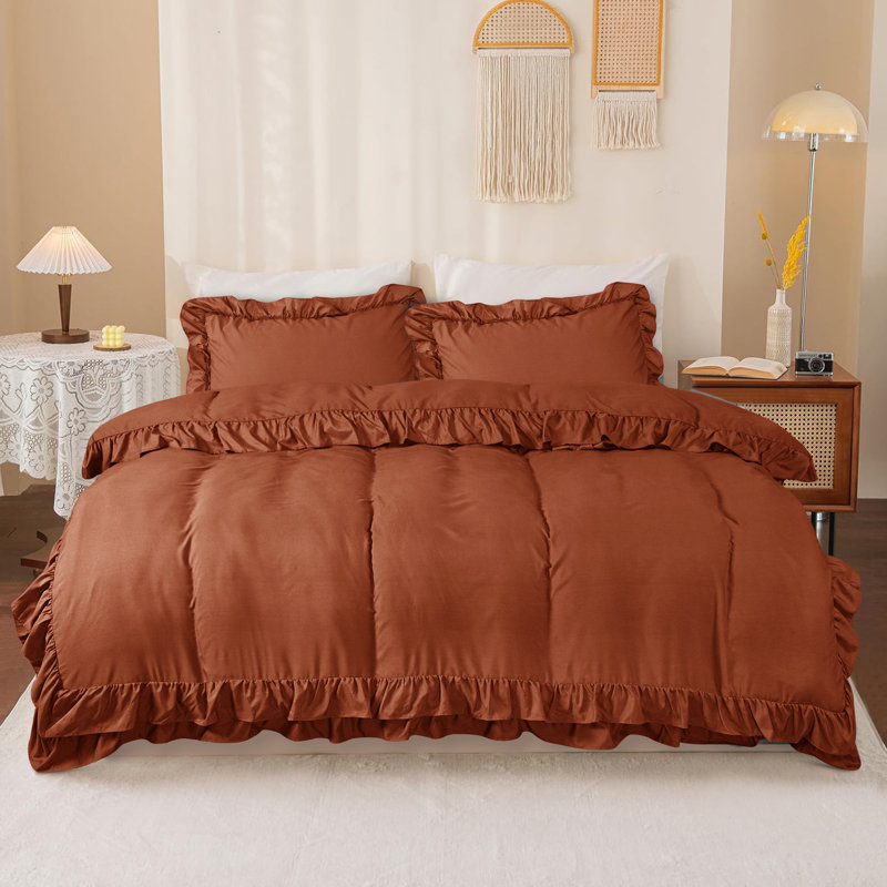 DUVET FRILL Microfiber Solid Colour Duvet Cover with Pillowcases Included, Orange