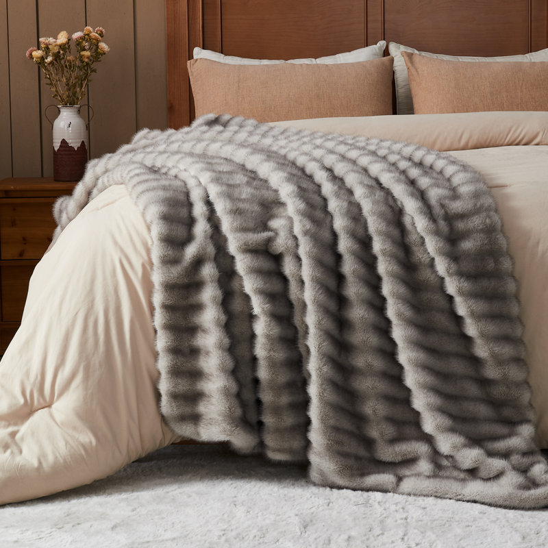 Couverture en fausse fourrure grise et luxueuse pour canapé-lit 1000GSM (gris rayé, simple (60 po x 80 po)), Lit simple, Gris