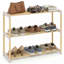 Range-chaussures en bois de pin massif à 3 ou 4 niveaux avec tablettes ouvertes à lattes - Organisateur de vestibule moderne naturel et gris pour chaussures, livres et articles de toilette-684160929