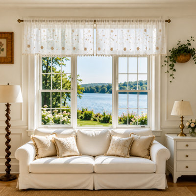 Violet Linen Royal Floral Vines Blossom Pattern, Polyester, Sheer White Fabric, Embroidered, Gold , 60 Inch x 18 Inch, Straight, Decorative Window Treatment Rod Pocket Curtain Straight Valance