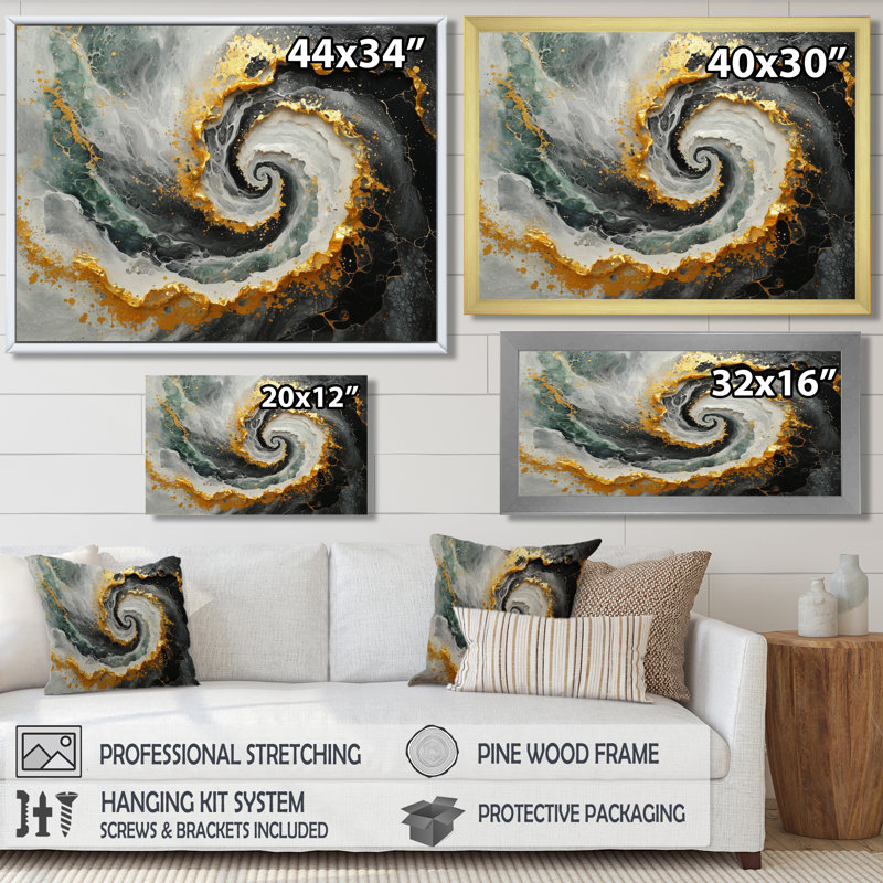 Abstrait noir et or cosmique vortex II - spirales abstraites, art mural, H 24 po x l 32 po, Cadre flottant, Blanc