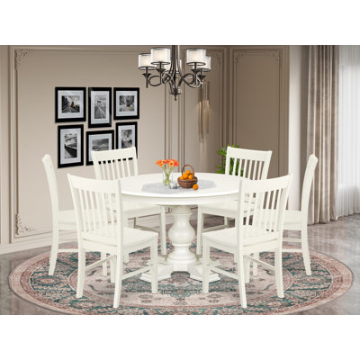 Ensemble de cuisine 7 pièces Mid-Century 6 chaises en bois avec dossier à lattes et table ronde / ovale - Finition lin blanc