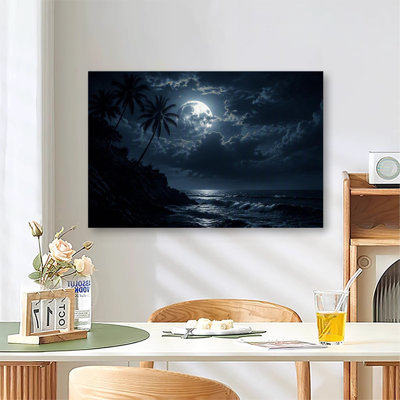 Brillante pleine lune sur une plage de falaise tropicale avec des cocotiers, art de toile de paysage de vagues de l'océan de nuit pour le décor de chambre noire