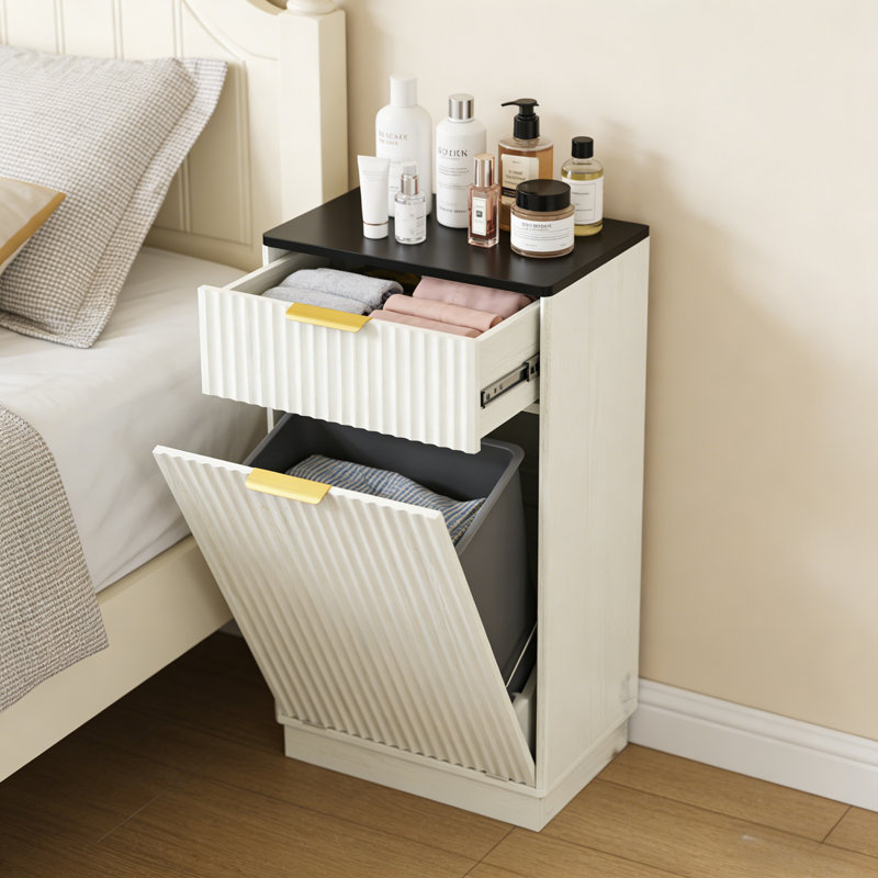 Modern Tilt-Out 10 Gallon Fluted Laundry Hamper Cabinet With  Wave-Textured Hideaway Drawers, Ancient White
