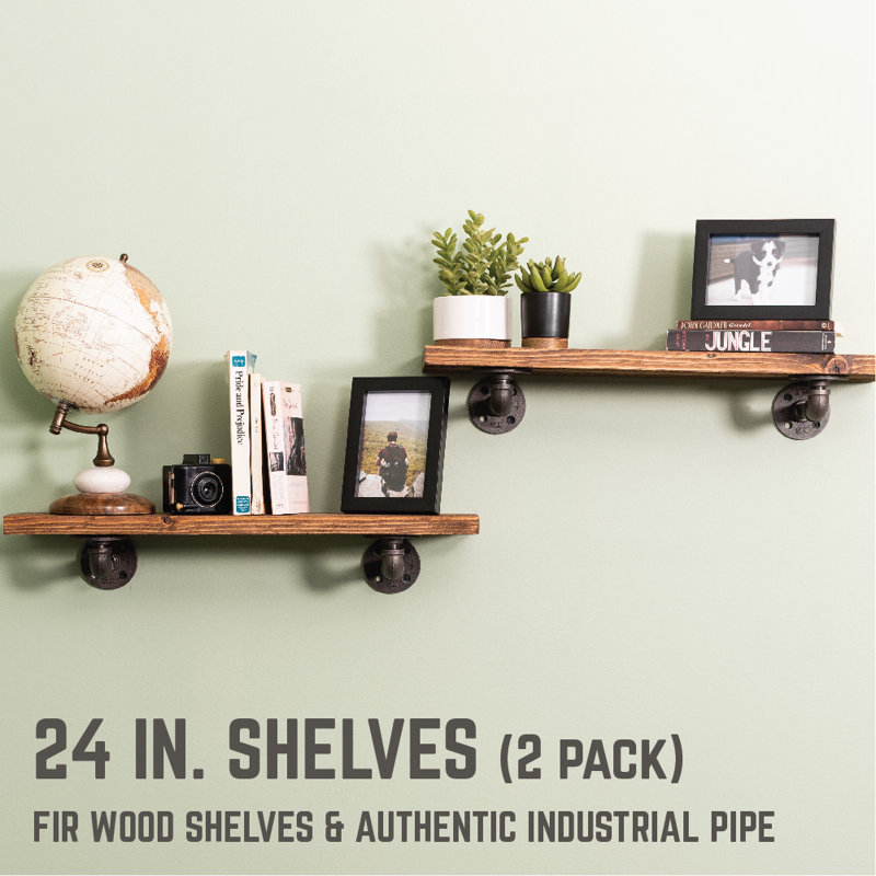 Ternes 2 Piece Pine Industrial Pipe Shelves, Autumn Brown