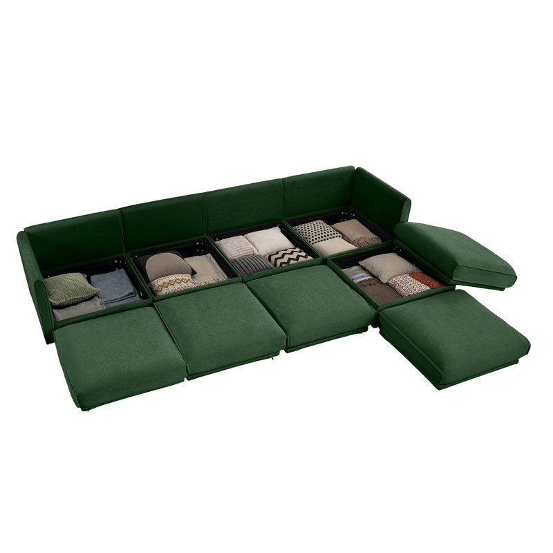 Upholstered Loveseat Sofa With Ottoman, Green Chenille, 27.9" H x 142.5" W x 37.4" D