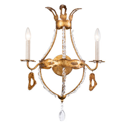 Fernande Monteleone 2 Light Sconce in Gold Leaf with Crystal Beading