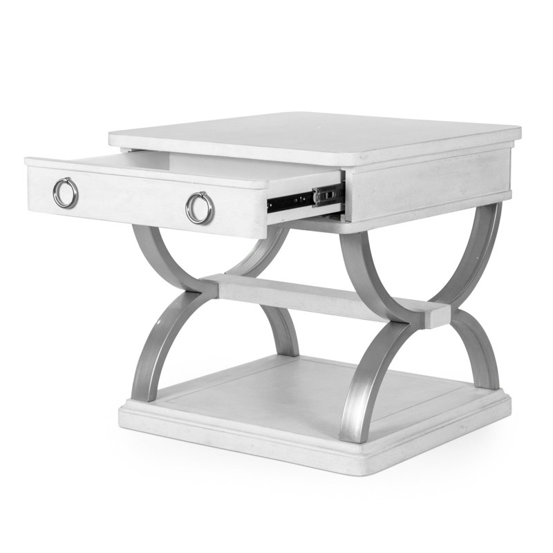 Table de bout à 1 tiroir en métal Point Breeze - blanc frais avec finition glacis gris doux
