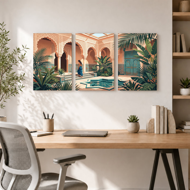 Art mural marocain, cour marocaine avec porte turquoise et palmiers, 36"H x 24"W x 3pcs