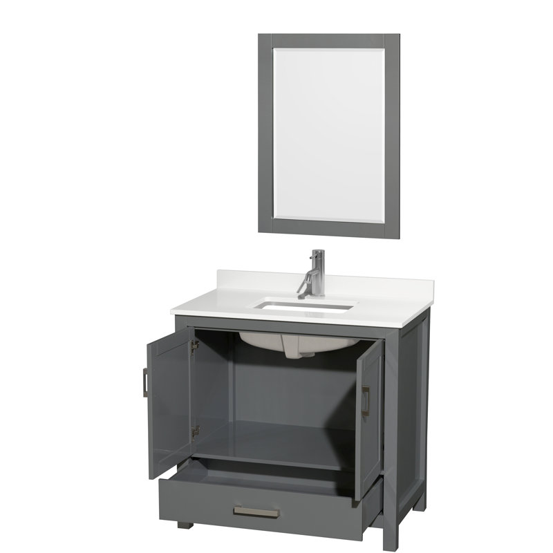 Sheffield 36" Freestanding Single Bathroom Vanity with Quartz Top with 24" Mirror, White Quartz, Dark Gray, Chrome